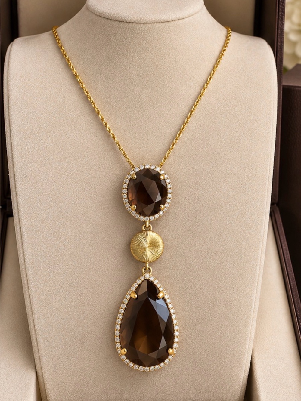 14K Yellow Gold Smoky Quartz & 0.28 CTW Diamond Pendant + 18K Gold Rope Chain